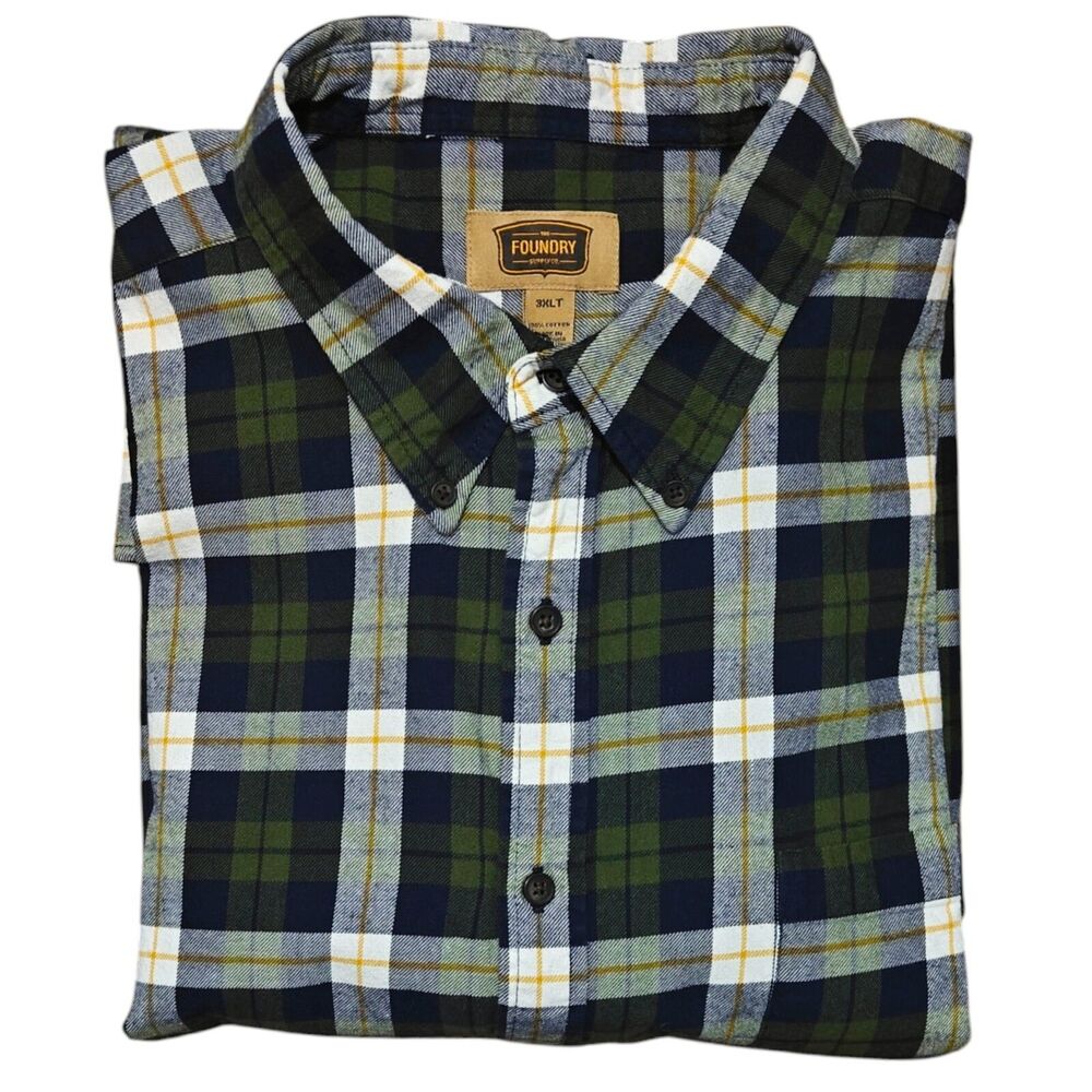 Foundry Supply Shirt 3XLT Button Down Twill Blue Green Plaid Big & Tall Long